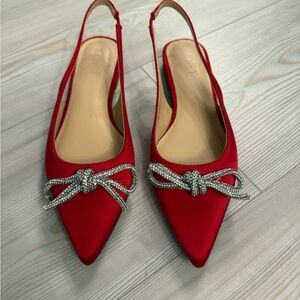 LOFT Red Satin Pointed Slingback Flats with Rhinestone Bow Detail